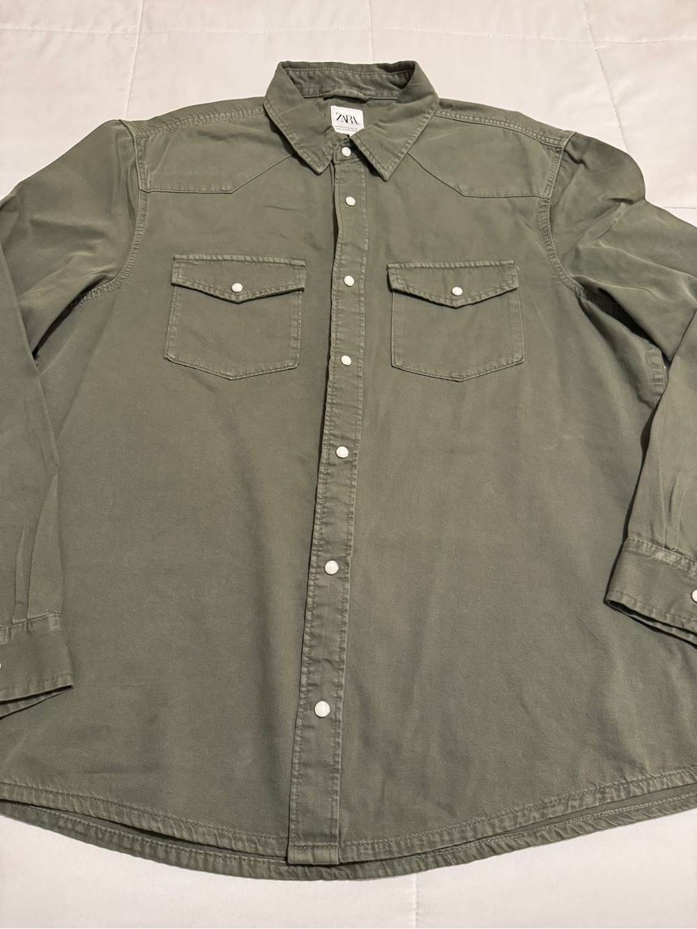 ZARA Men’s Olive Green Denim Button Front Shirt- XXL